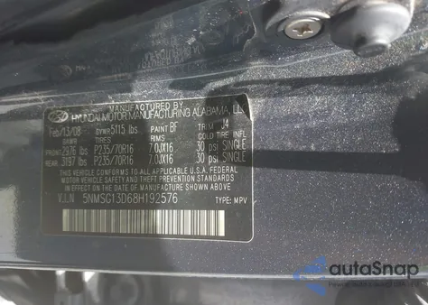 2008 Hyundai Santa Fe Gls z USA, uszkodzony, nr VIN 5NMSG13D68H192576